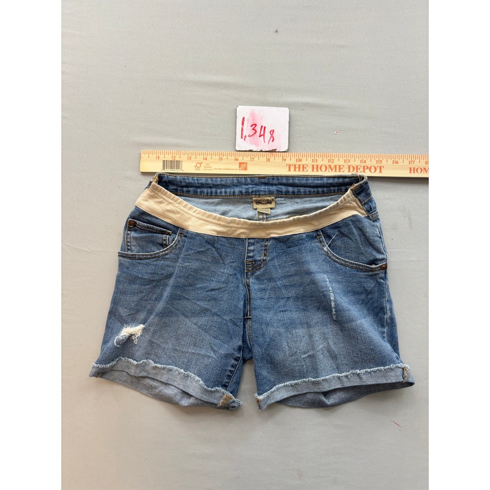 Indigo Blue Maternity Jean Shorts Medium Wash Distressed Size XS Low Belly Band